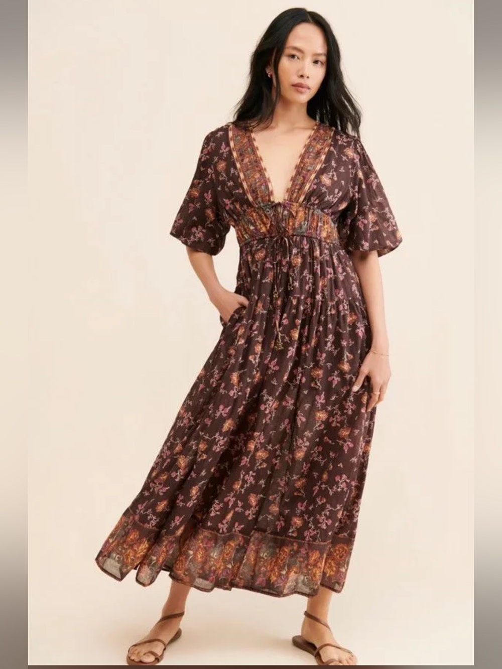 🤎 Free People Lysette Maxi Dress Chocolate Combo Floral NWT Small